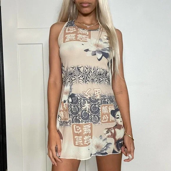 Vintage 2000s Mesh Print Mini Dress (XS-S) - Picture 2 of 7